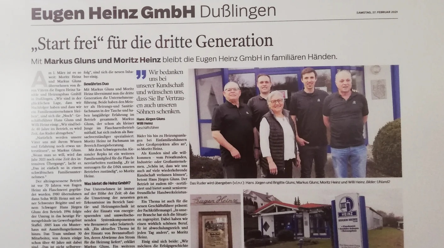 Zeitungsartikel Eugen Heinz GmbH Dußlingen "Start frei" für die dritte Generation